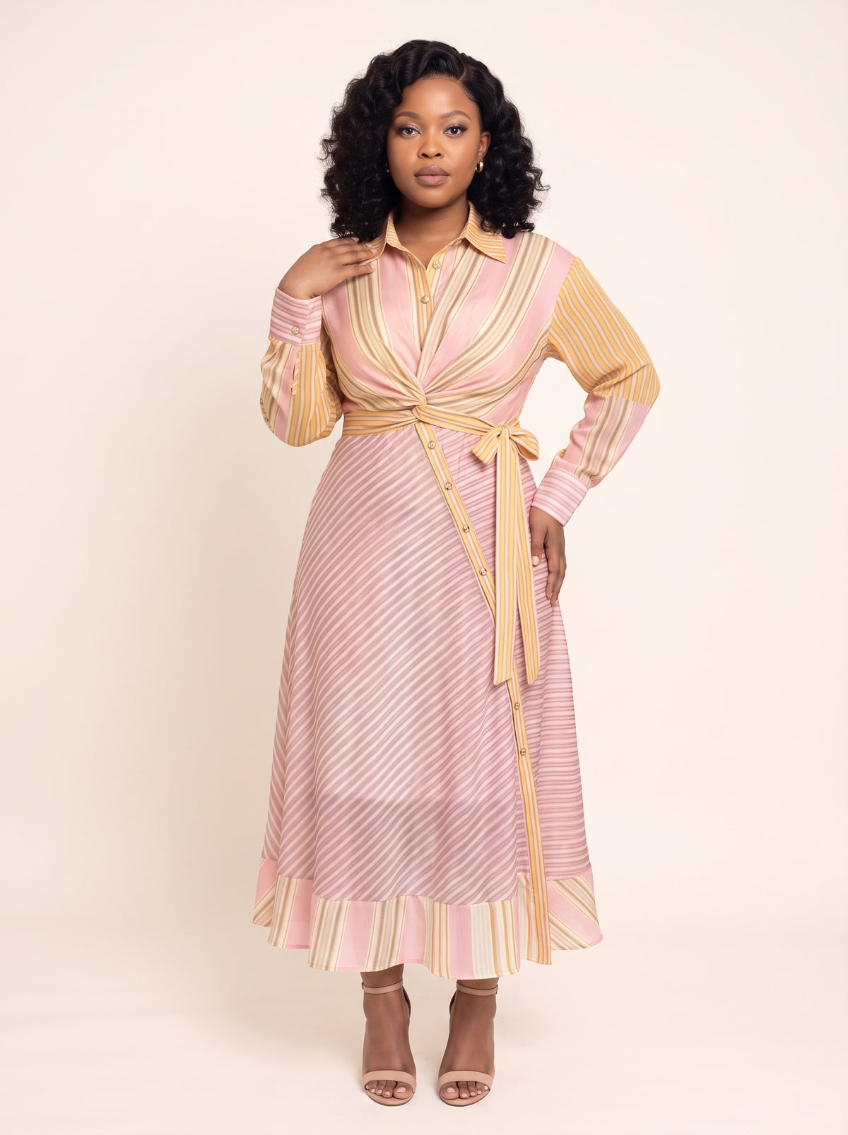 Striped Twist-Front Shirt Maxi Dress