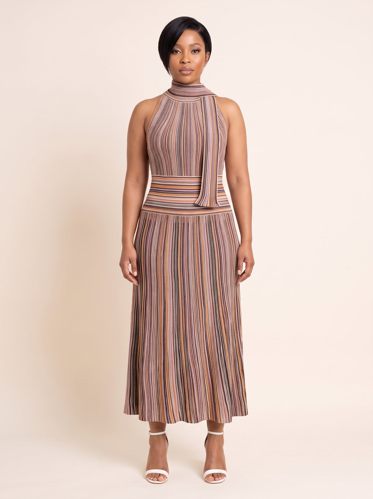 Sleeveless Ribbed Knit Scarf-Neck Gown