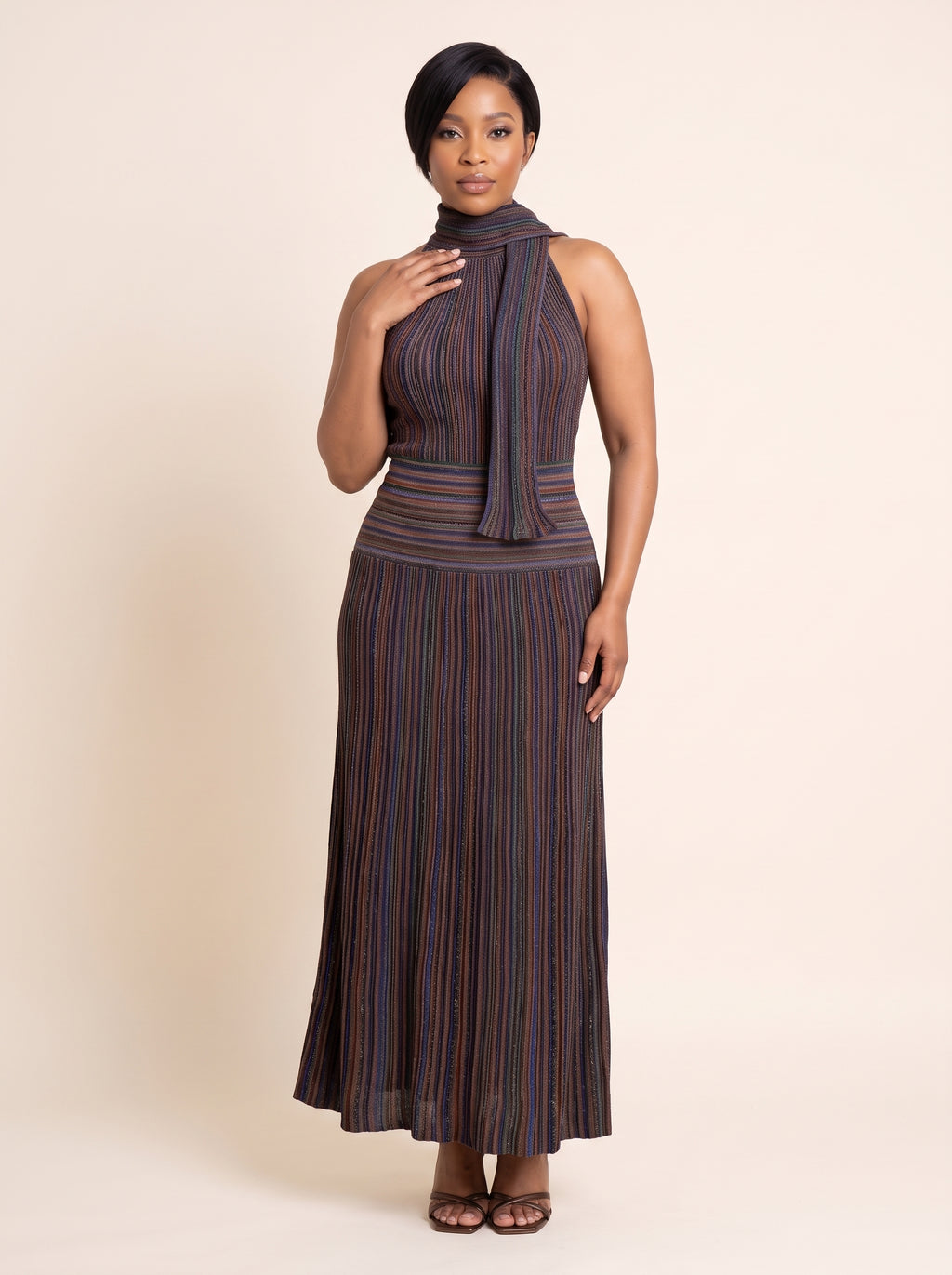 Sleeveless Ribbed Knit Scarf-Neck Gown