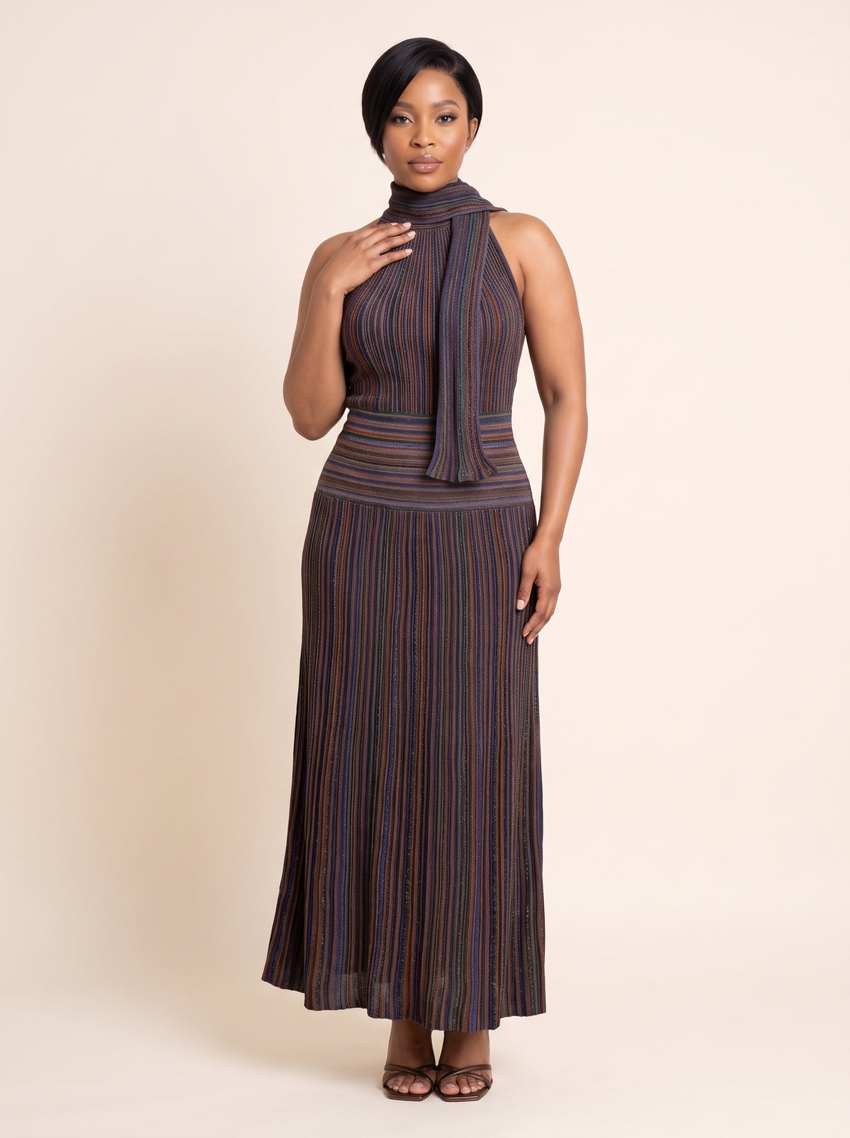 Sleeveless Ribbed Knit Scarf-Neck Gown