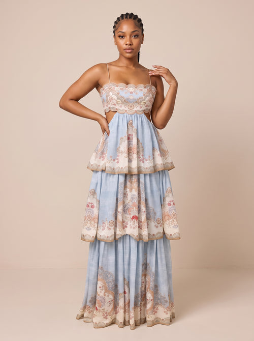 Scalloped Tiered Floral Maxi Dress