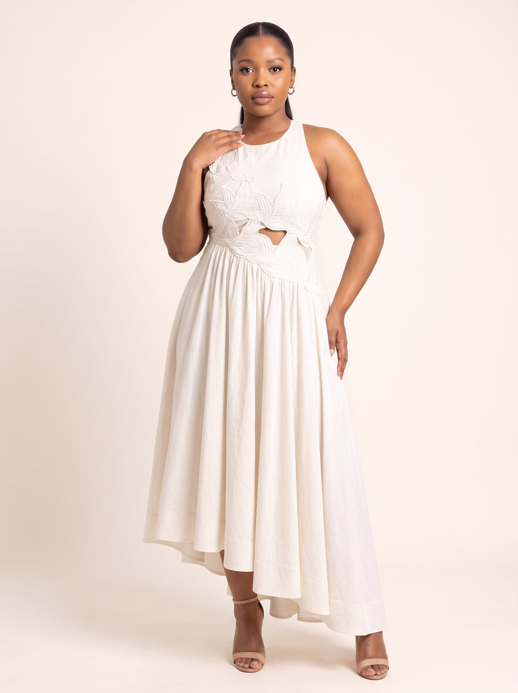 Cutout Appliqué Asymmetrical Hem Maxi Dress