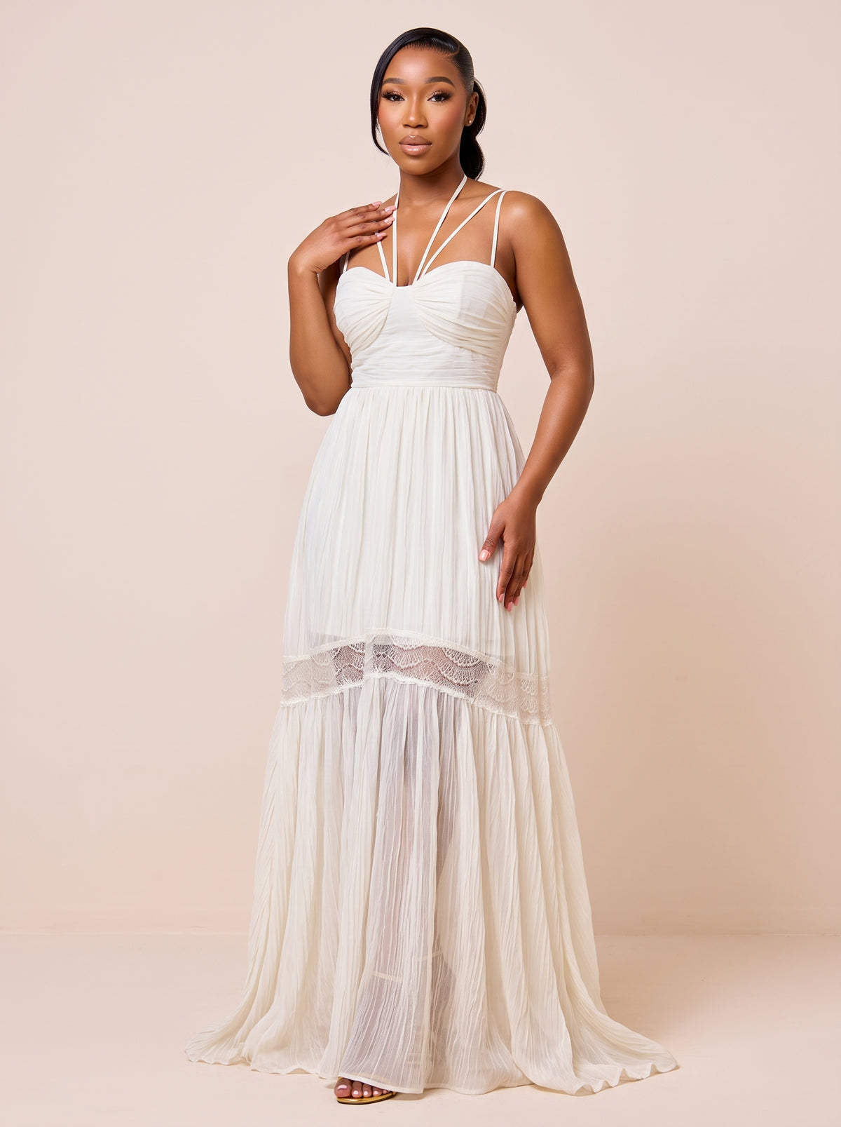 Pleated Lace-Trimmed Halter Maxi Dress