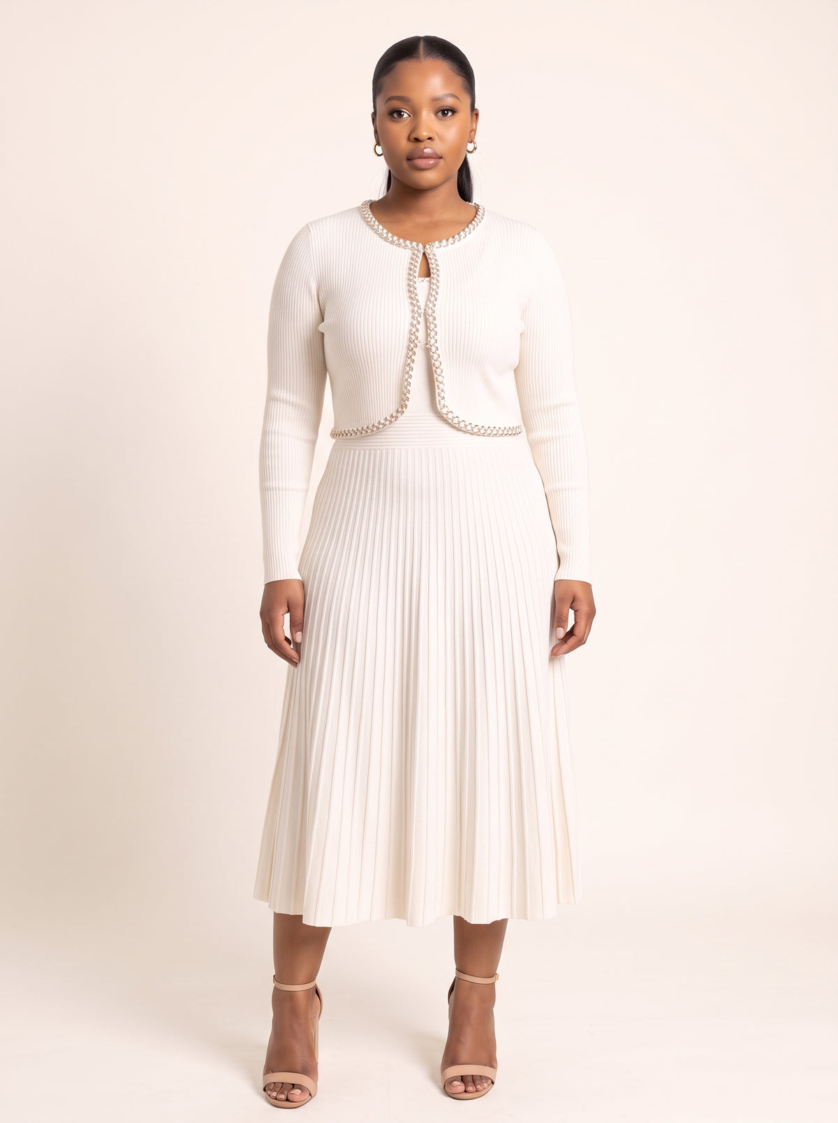 Ribbed Knit Two-Piece Matching Set with Beaded Edges