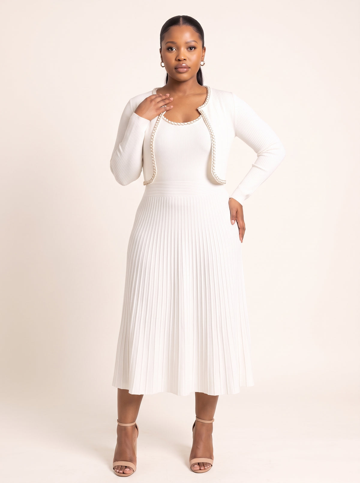Ribbed Knit Two-Piece Matching Set with Beaded Edges