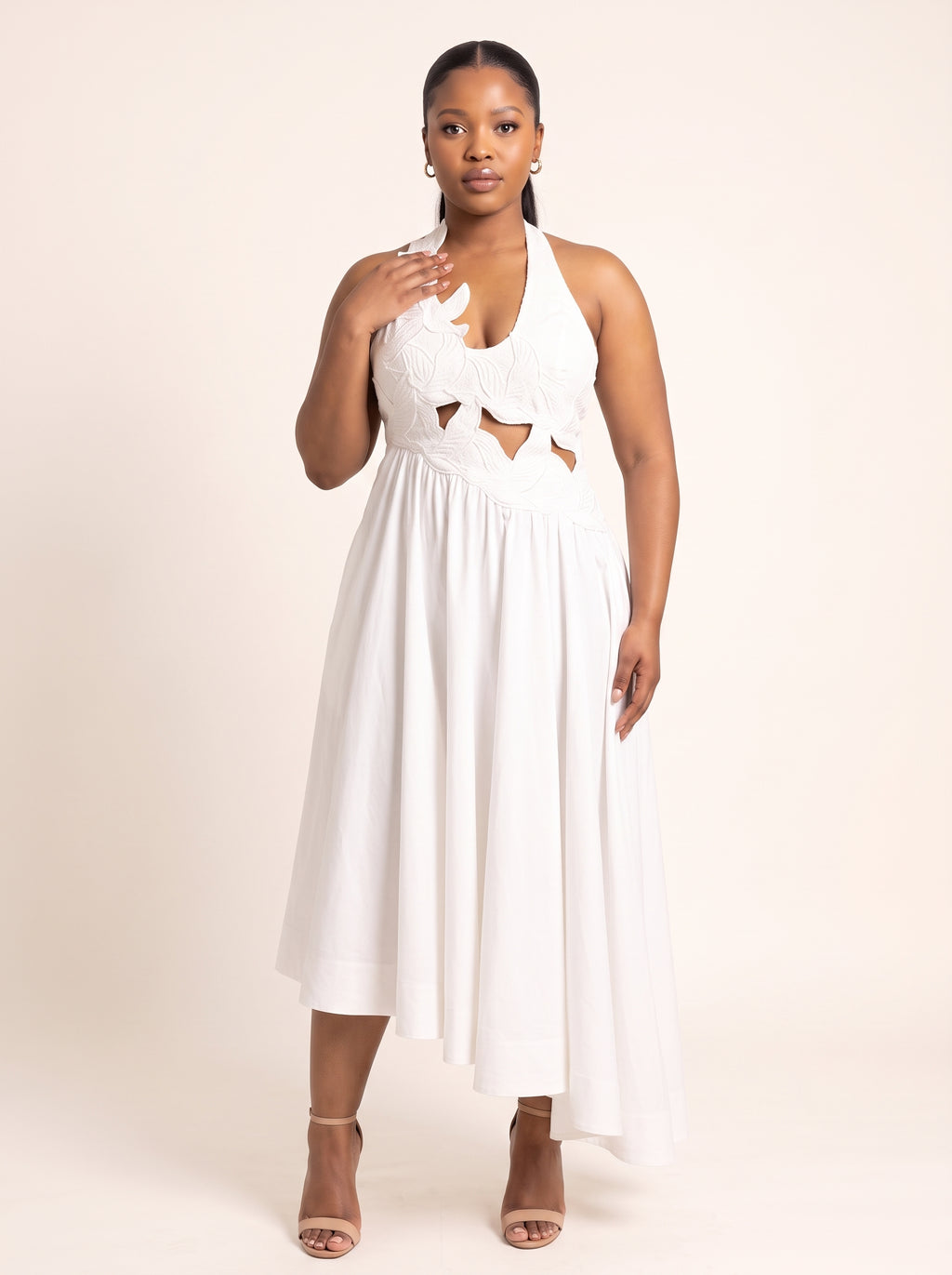 Cutout Appliqué Asymmetrical Hem Maxi Dress