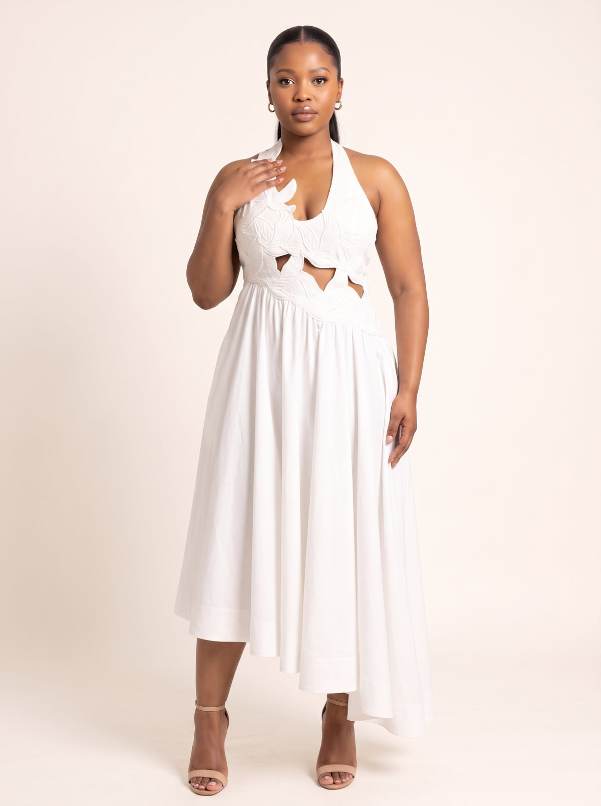 Cutout Appliqué Asymmetrical Hem Maxi Dress