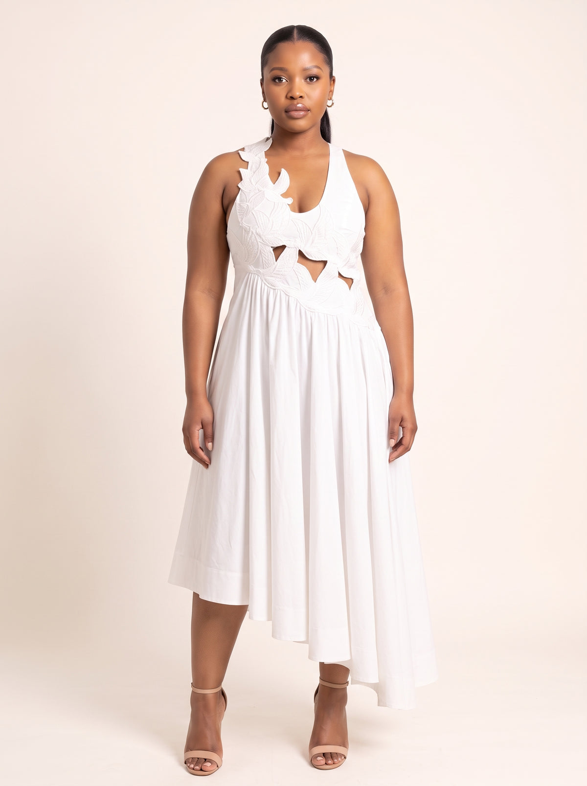 Cutout Appliqué Asymmetrical Hem Maxi Dress