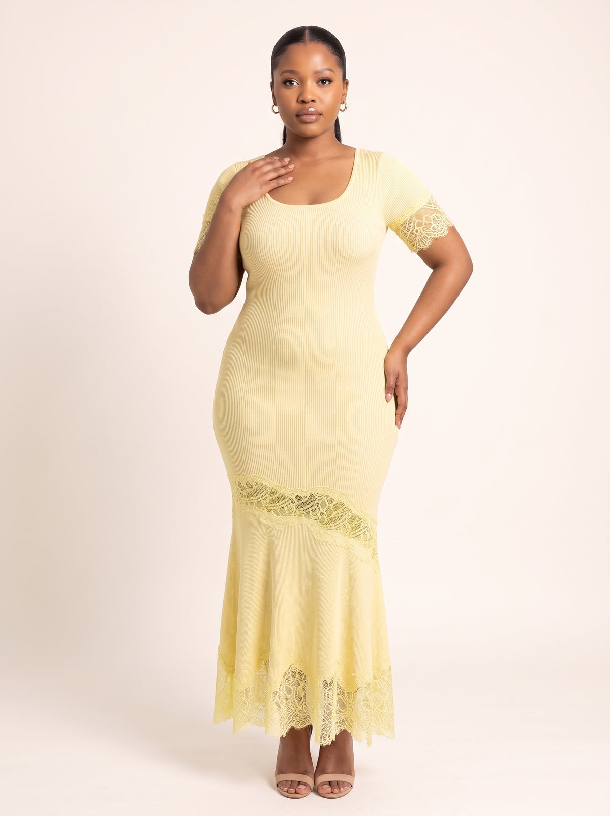 Ribbed Knit Lace-Trim Midi Dress