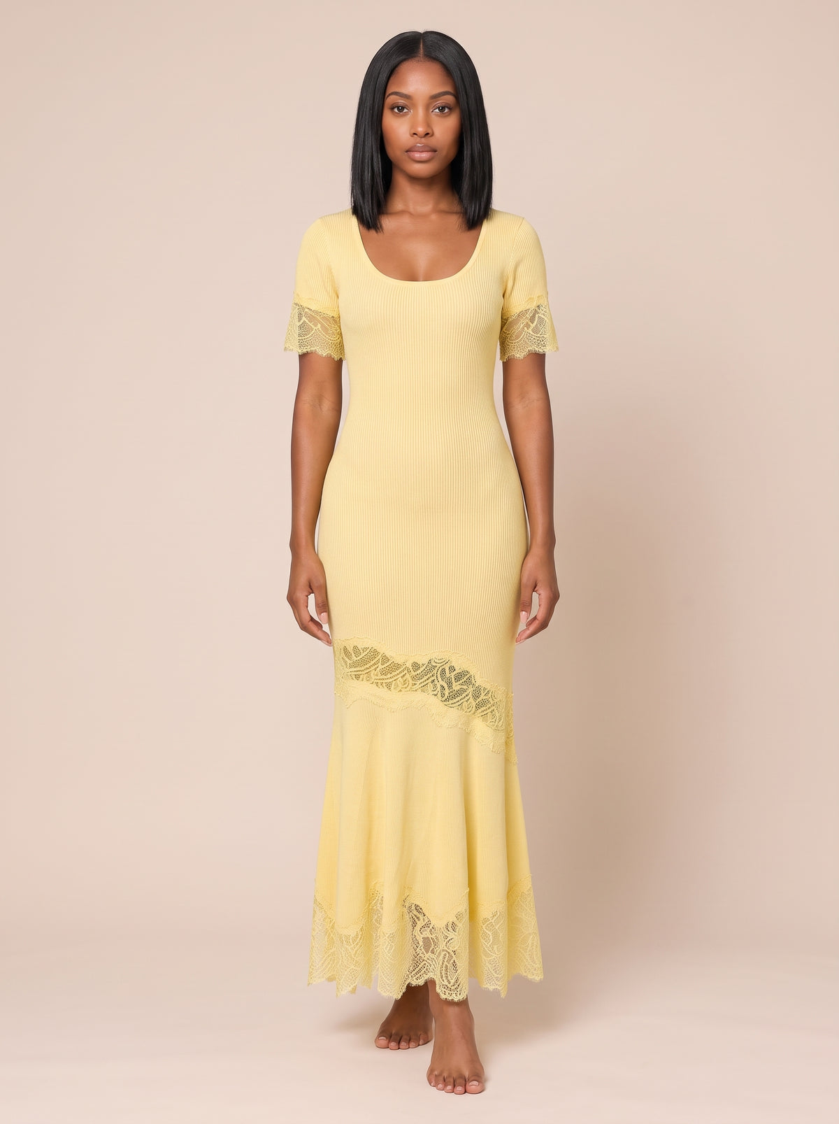 Lace-Trim Ribbed Knit Maxi Dress
