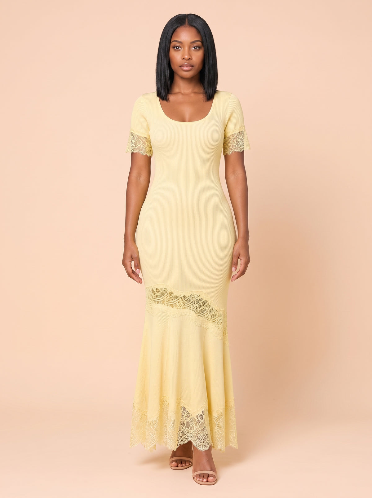 Lace-Trim Ribbed Knit Maxi Dress